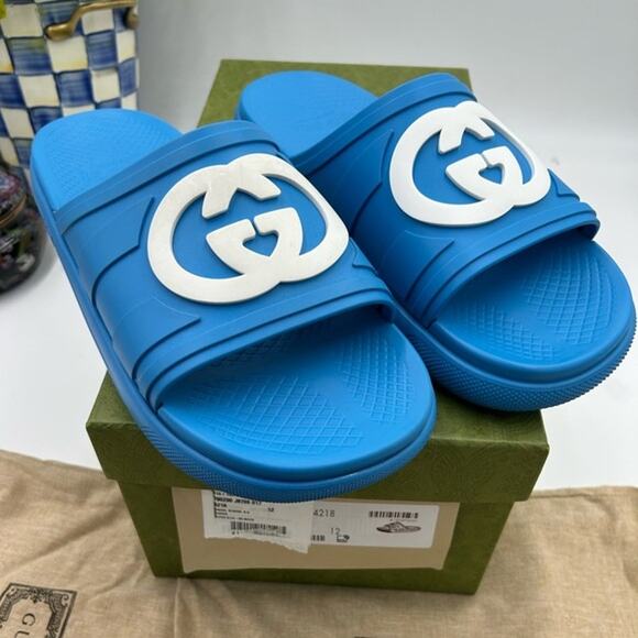 Men's Gucci interlocking G rubber Pool slides size 12 made in Italy - Picture 1 of 6